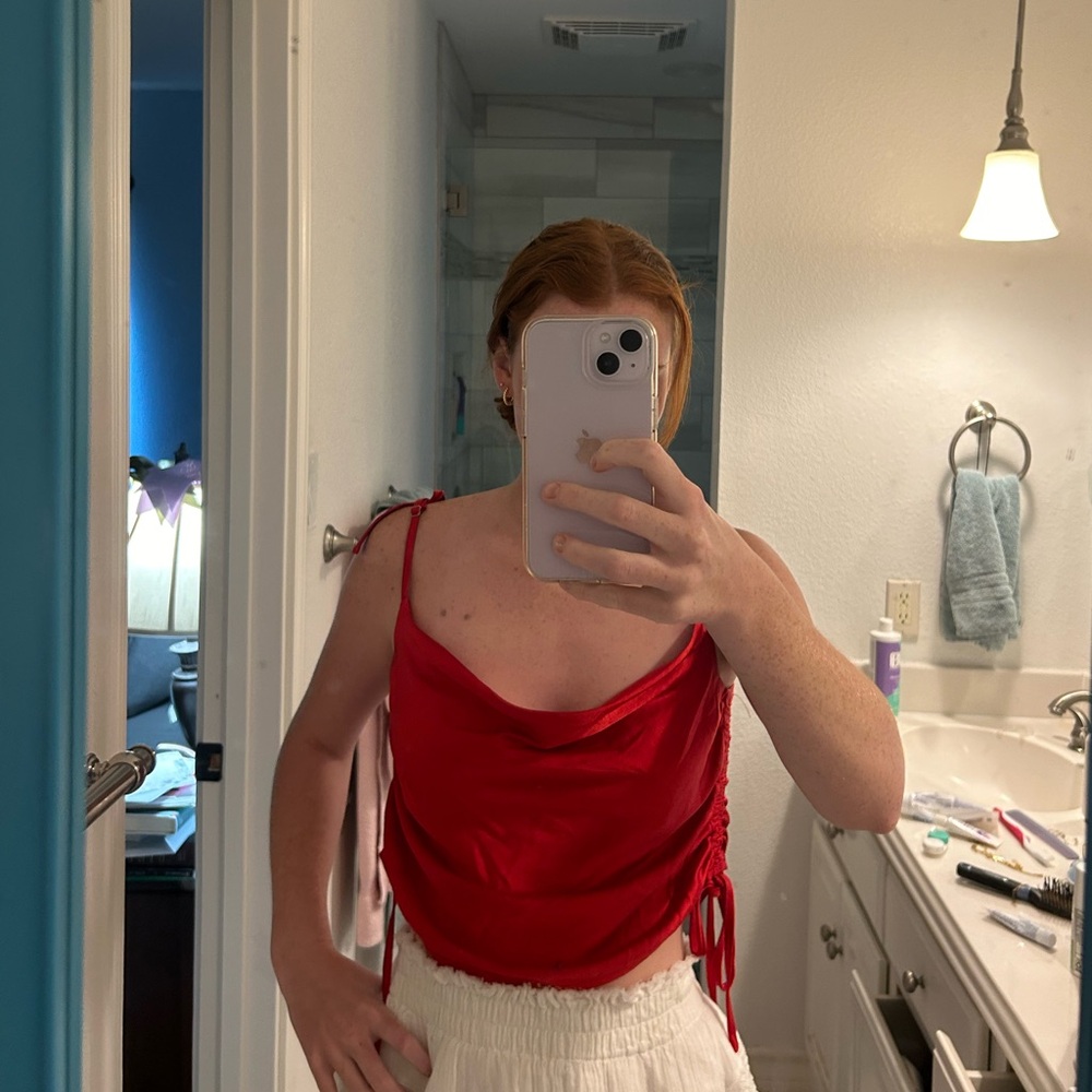 Red Cowl Neck Top with Cinched Sides
